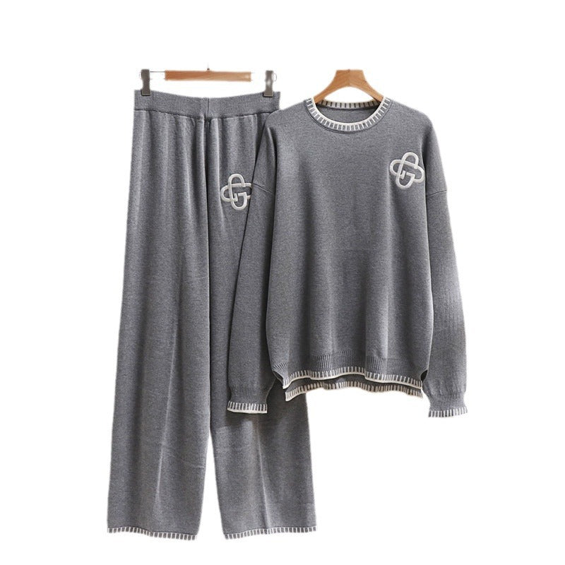 Damen lässiges Strick-Loungewear-Set mit dekorativen Kontrastdetails Drune