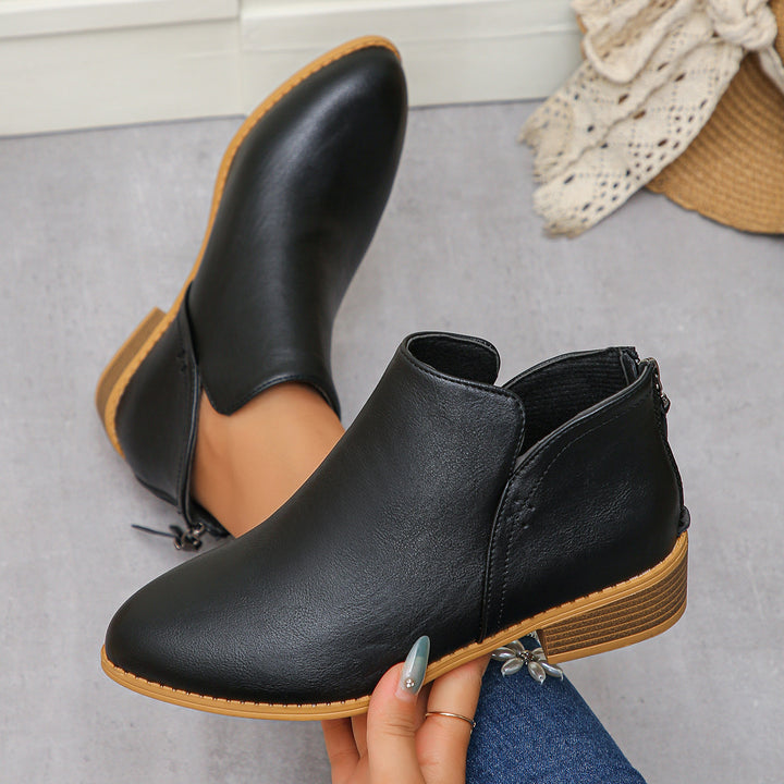 Damen nan knöchelhohe Stiefelette mit V-Ansatz, hinterem Reißverschluss-Quaste und gestapeltem Blockabsatz Drune