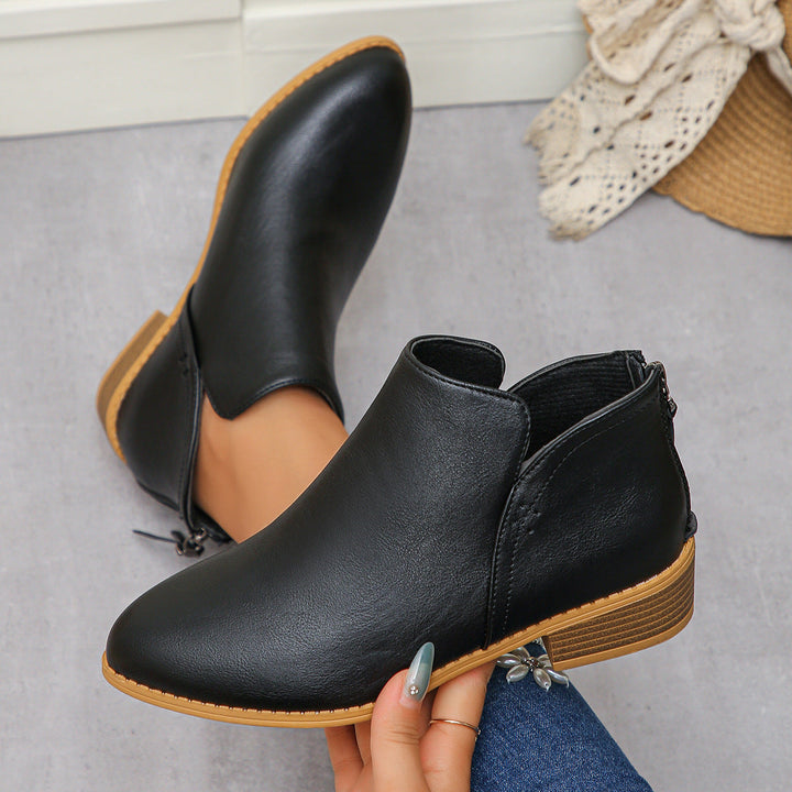 Damen nan knöchelhohe Stiefelette mit V-Ansatz, hinterem Reißverschluss-Quaste und gestapeltem Blockabsatz Drune