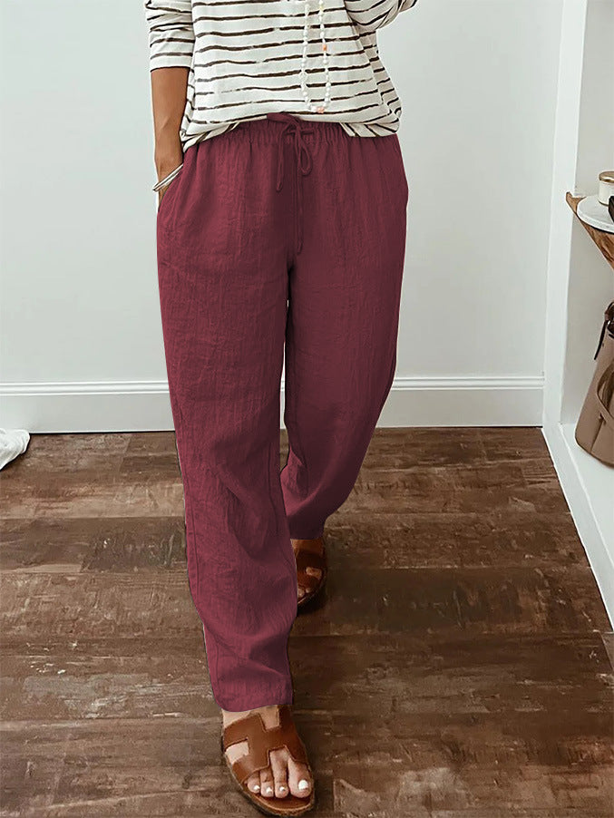 Leichte Damen-Leinenoptik-Hose mit elastischem Kordelzug, Fronttaschen und weitem Bein Drune