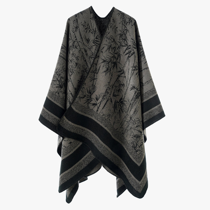 Damen Grobgewebter Jacquard-Capeponcho mit Bambusmotiv und asymmetrischem Zipfelsaum Drune