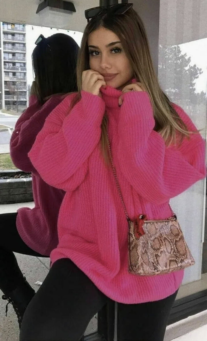 Damen Oversized Pulli mit hohem Kragen und Struktur Drune