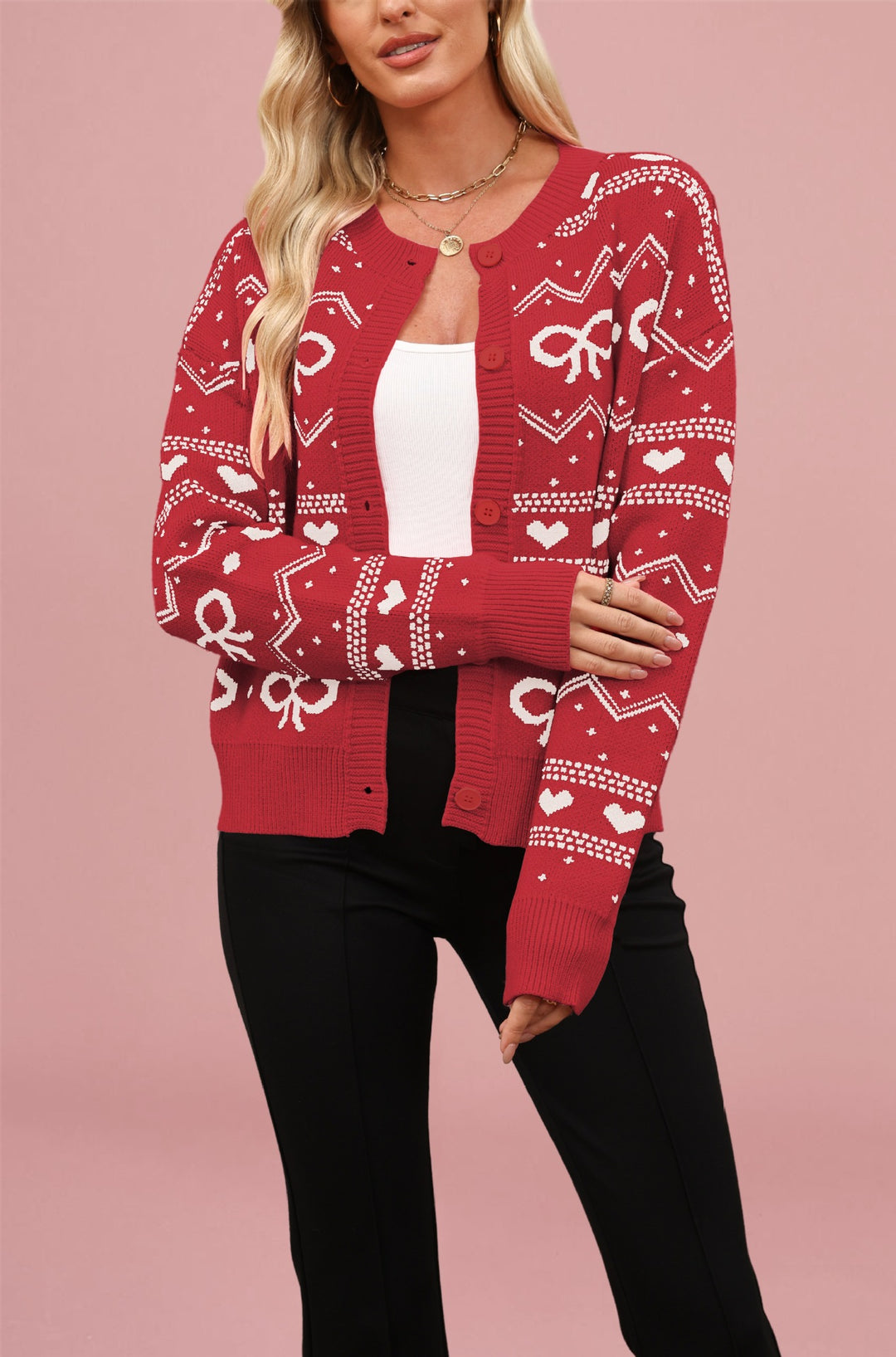 Damen Strickjacke mit verspieltem Herz- und Schleifenmuster Drune