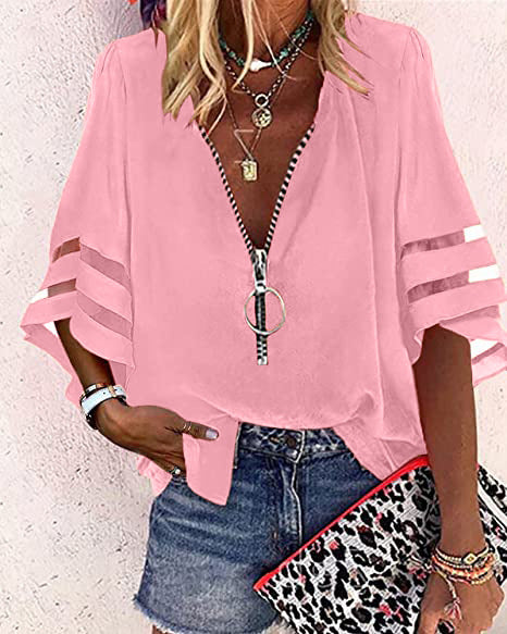 Damen V‑Ausschnitt Bluse mit dekorativem Ringreißverschluss und Cut-Out-Ärmeln Drune
