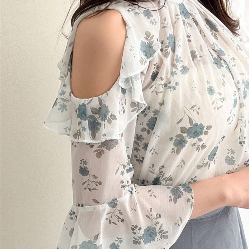 Damen Bluse mit transparentem Volant und floralem Druck Drune