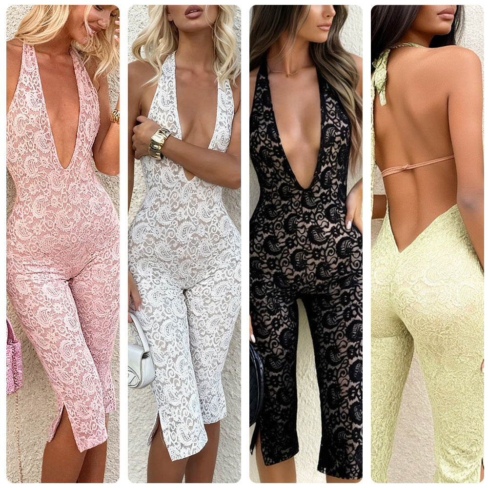 Damen Jumpsuit aus filigraner Spitze mit tiefem Ausschnitt und seitlichen Schlitzen Drune