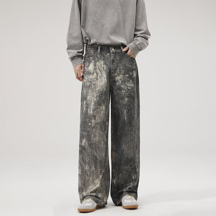 Herren Baggy-Denim mit künstlerischer Bleach-Optik und weitem Bein Drune