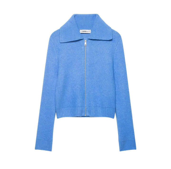 Damen Kurze Strickjacke mit Reißverschluss, weitem Polokragen und geripptem Saum Drune