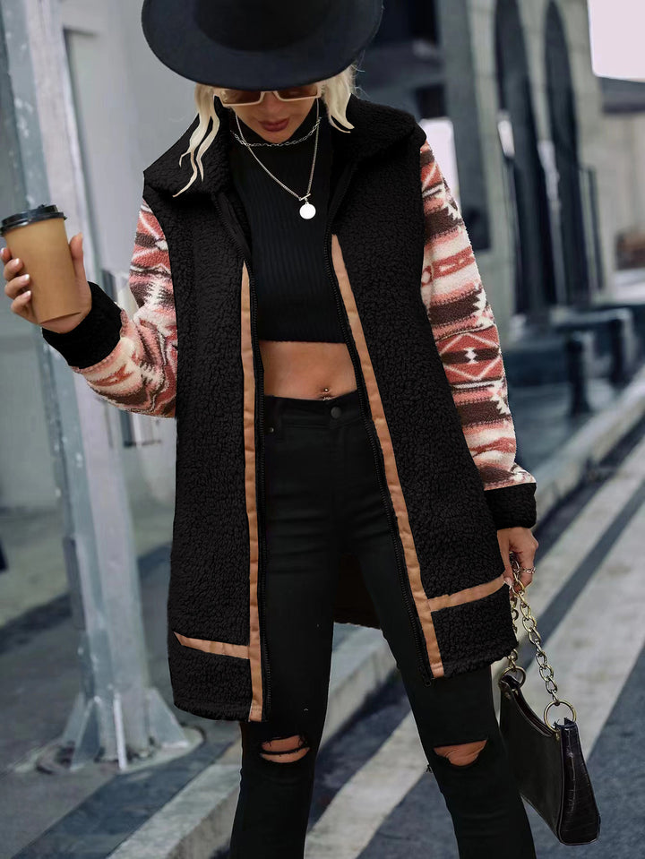 Damen Fleecefutter lange Jacke mit modischem Muster und praktisch integrierten Taschen Drune