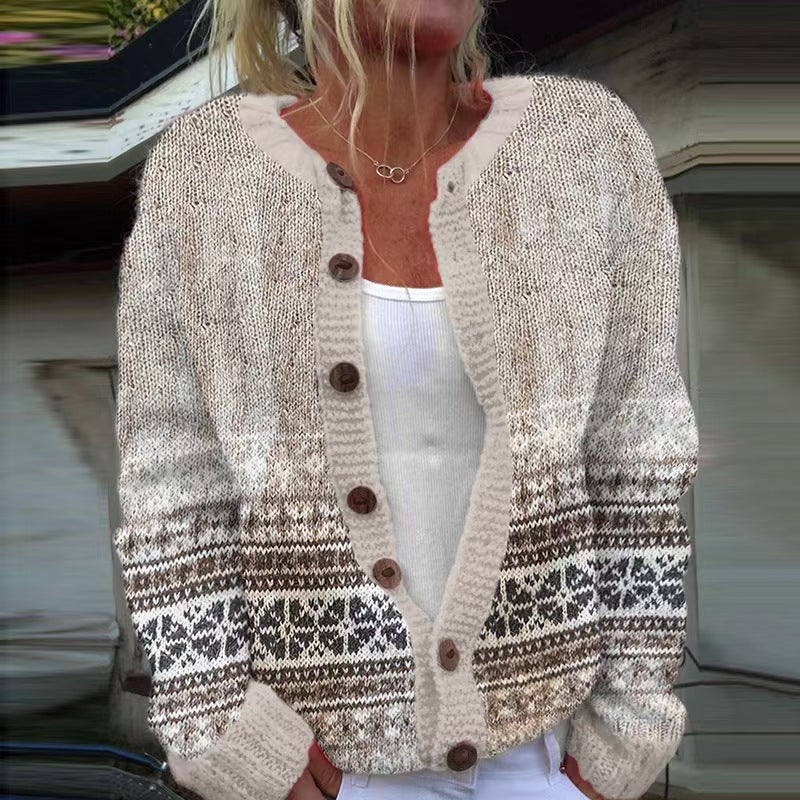 Damen nan gemusterte Strickjacke mit Rundpasse, Holzknöpfen und Eingrifftaschen Drune