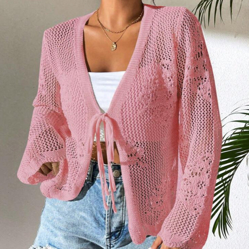 Damen Strickjacke mit luftiger Häkelstruktur und Bindeverschluss Drune