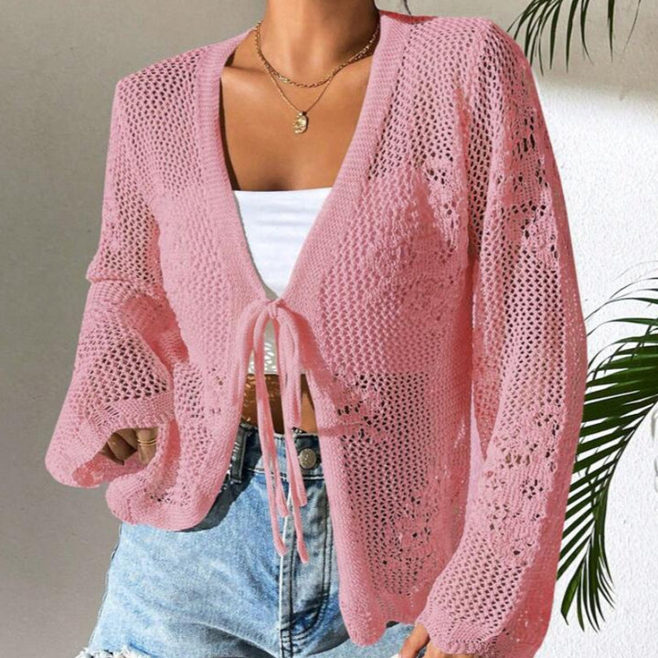 Damen Strickjacke mit luftiger Häkelstruktur und Bindeverschluss Drune