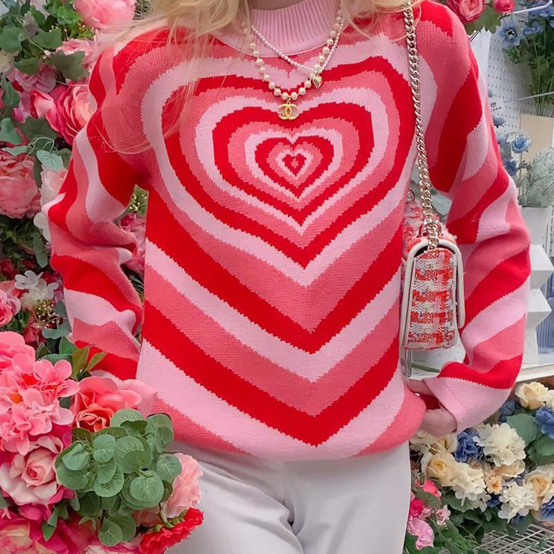 Damen nan oversized Strickpullover mit Herz-Intarsie und Chevron-Muster Drune