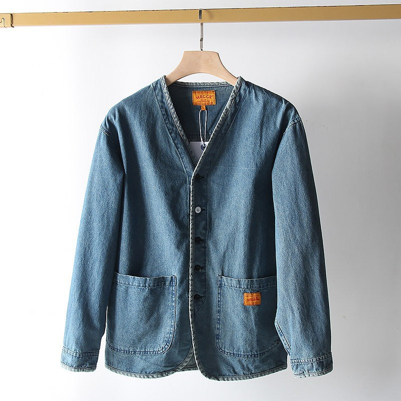 Herren Leichtes Jeans-Sakko im Overshirt-Stil mit V‑Ausschnitt und aufgesetzten Taschen Drune