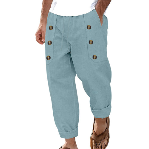 Herren nan lockere Leinenhose mit Zierknopf-Lisenen, gekrempeltem Knöchelabschluss und Eingrifftaschen Drune