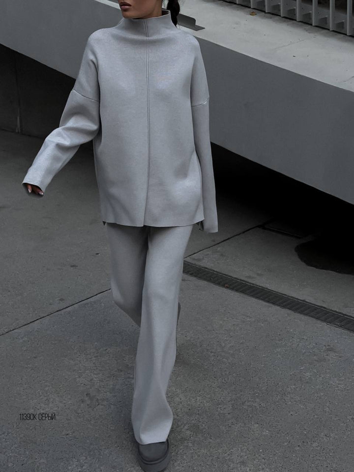 Damen lässiges Strickensemble mit hohem Kragen Drune