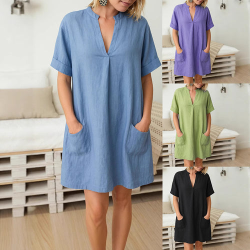 Damen Freizeitkleid mit praktischen Taschen und V-Ausschnitt Drune