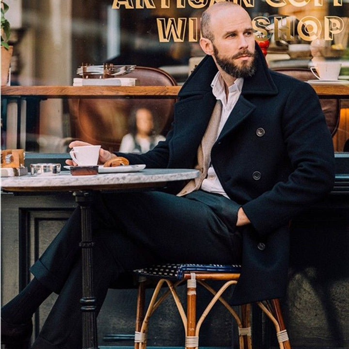 Herren Doppelreihiger Wollmantel mit hohem Stehkragen und taillierter Silhouette Drune