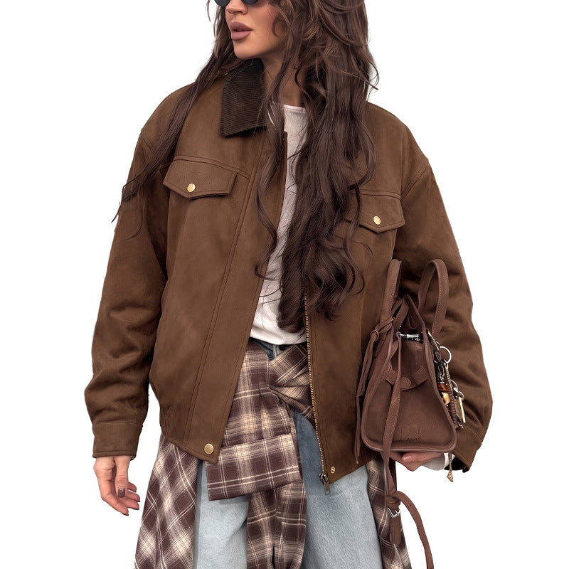 Damen Modische Velours-Lederjacke mit Cordkragen Drune