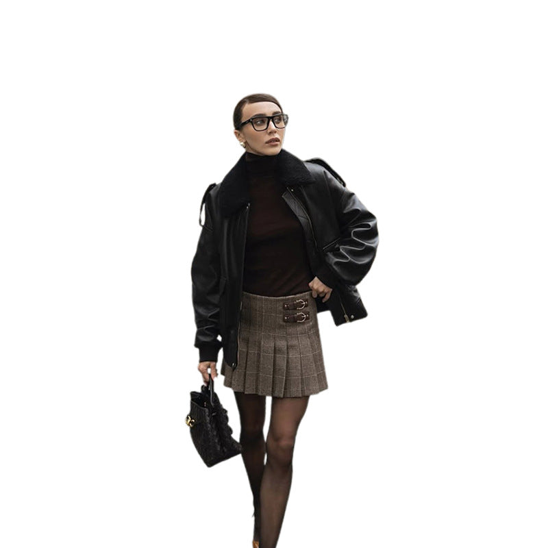 Damen Oversized Lederjacke mit großzügigem Kragen Drune