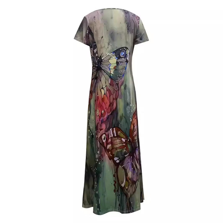 Damen Maxikleid mit floralen Schmetterlingsmotiven und weich fließendem Stoff Drune