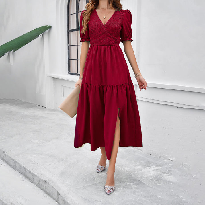 Damen Maxikleid mit hohem Schlitz und Puffärmeln Drune