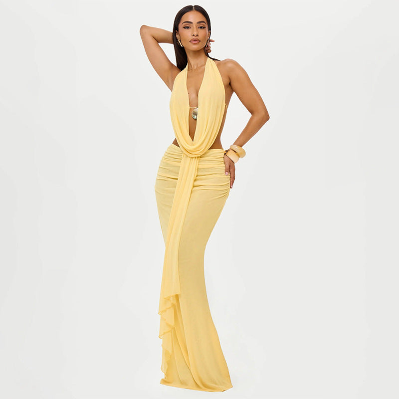 Damen Elegantes und raffiniertes Maxikleid mit tiefem Ausschnitt und Drapierung Drune