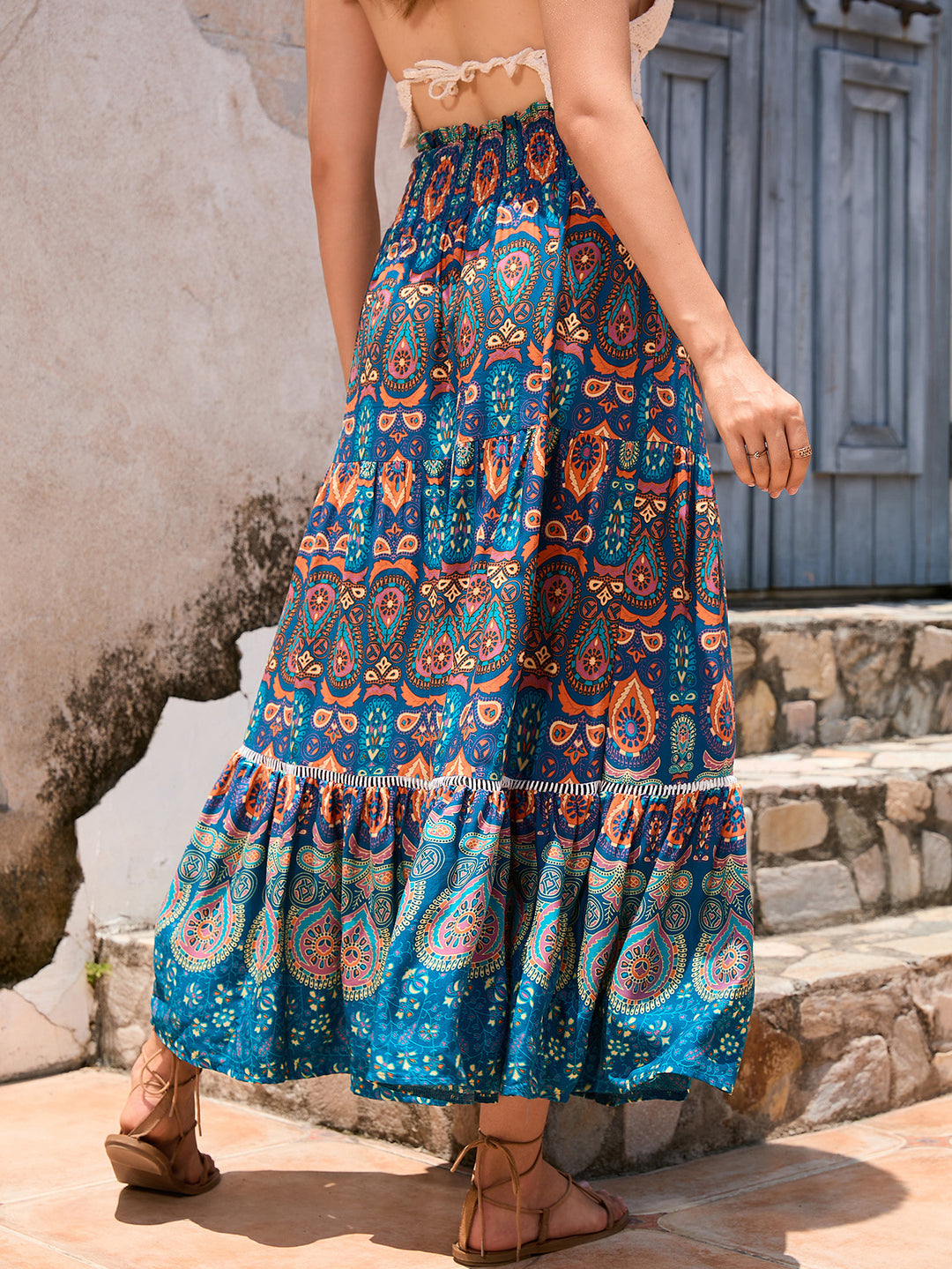 Damen Maxirock im bunten Paisley-Design mit Volant und elastischem Bund Drune