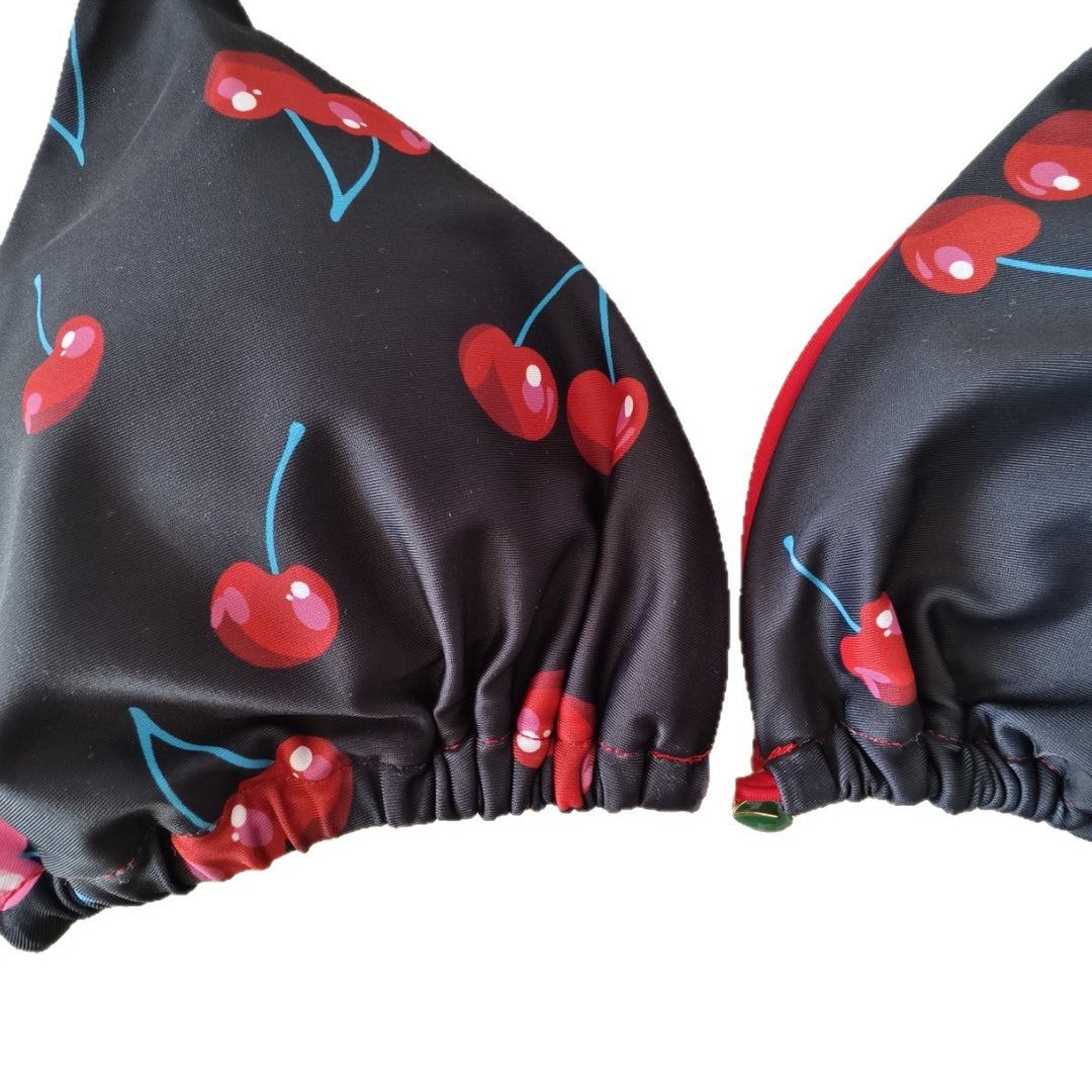Damen Triangel-Bikini mit verspieltem Kirschenmuster und elastischen Bindebändern Drune