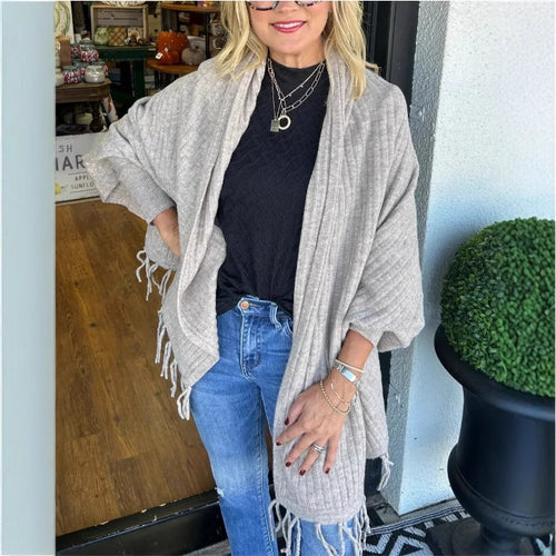 Damen vielseitiger Poncho mit Fransen Drune