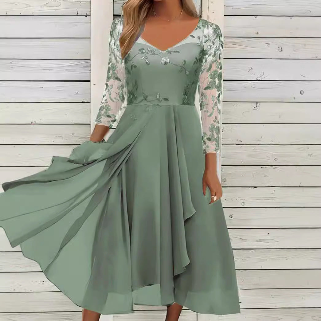 Damen nan V-Ausschnitt Chiffon-Midikleid mit besticktem Bustier, transparenten dreiviertel-Ärmeln und asymmetrischem Lagenrock Drune