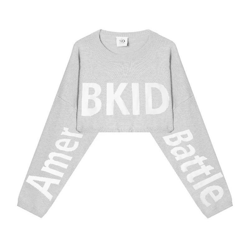 Damen Cropped Strickpullover mit weiten Raglanärmeln und Statement-Schriftzug Drune