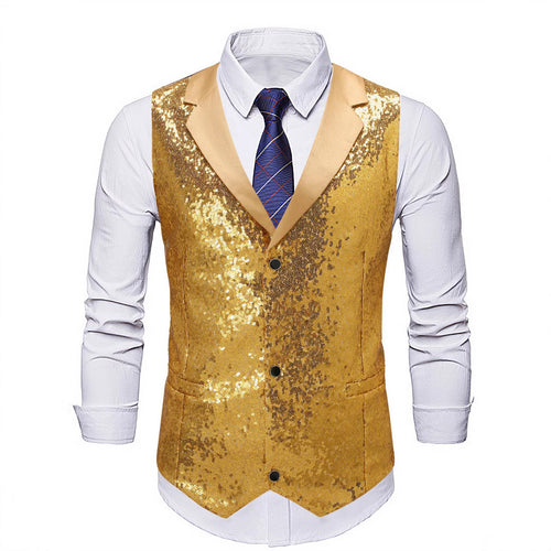 Herren Glänzende Pailletten‑Weste mit Satin‑Revers und taillierter Silhouette Drune