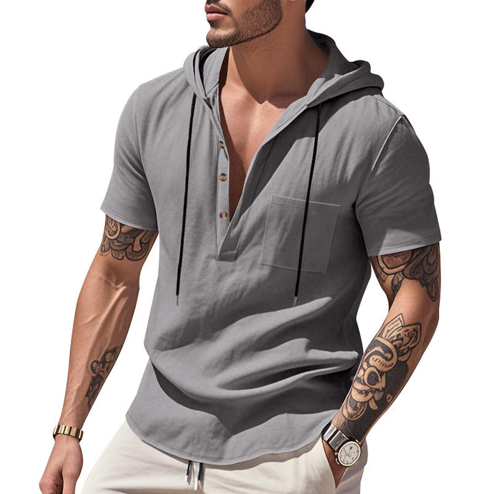 Herren nan legere Kurzarm-Kapuzen-Henley aus Single-Jersey mit Brusttasche und Kontrastkordel Drune