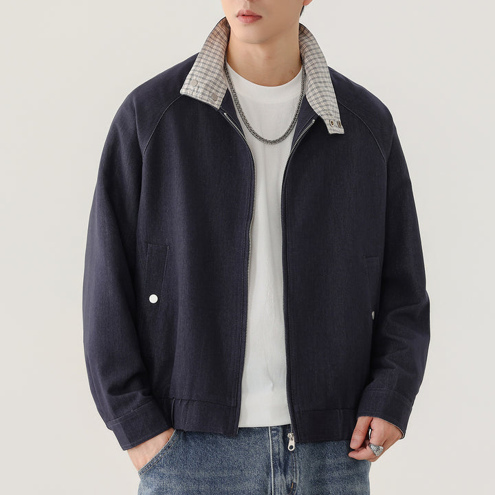 Herren leichte Bomberjacke mit Reißverschluss und kariertem Stehkragen Drune