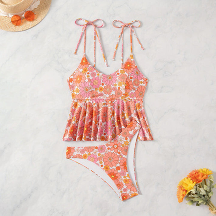 Damen Blütenmuster Bikini mit voluminösem Oberteil Drune