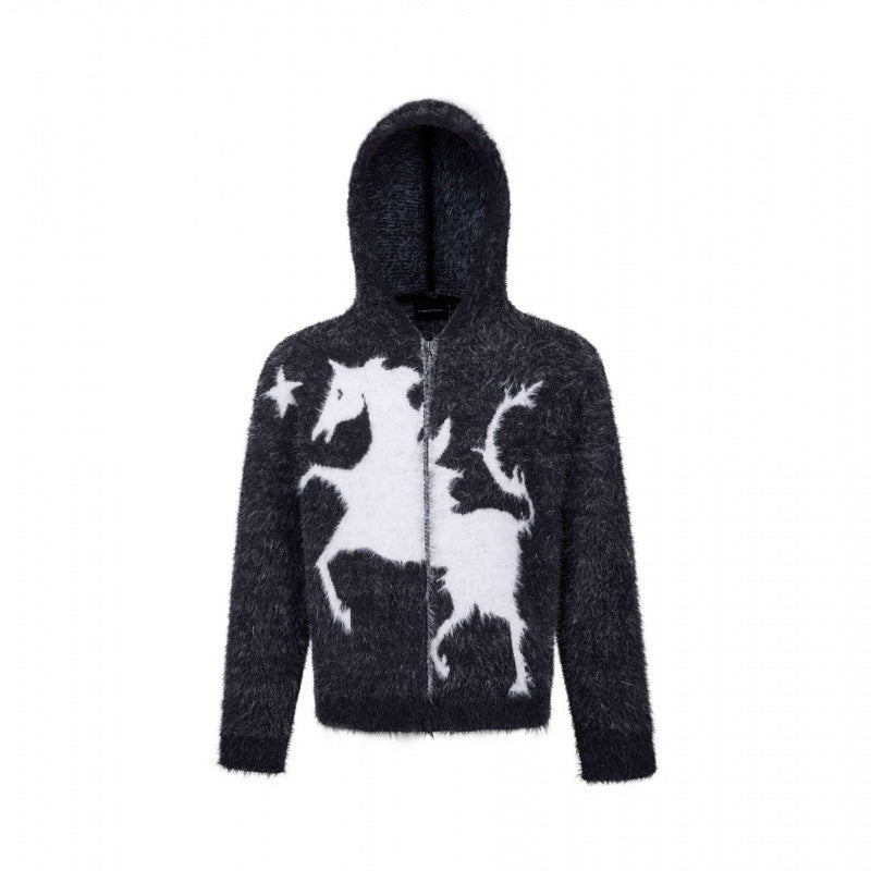 Unisex Flauschiger Kapuzenpullover mit Einhorn-Motiv und durchgehendem Reißverschluss Drune
