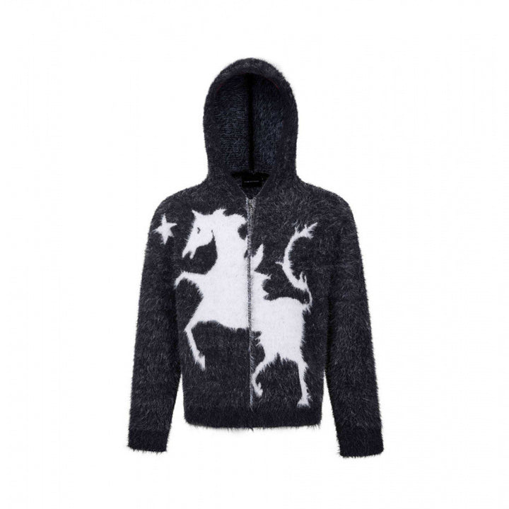 Unisex Flauschiger Kapuzenpullover mit Einhorn-Motiv und durchgehendem Reißverschluss Drune