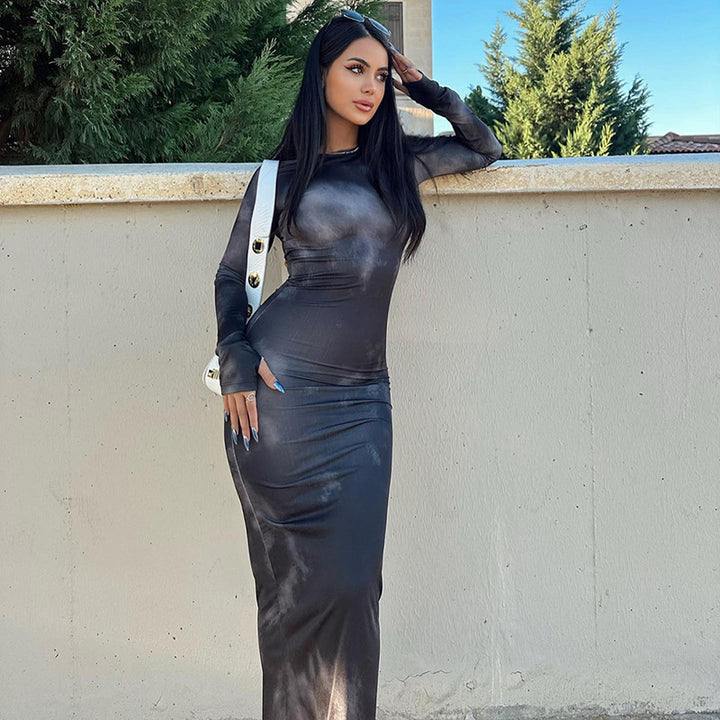 Damen Elegantes figurbetontes Maxikleid mit langem Arm und raffinierten Drapierungen Drune