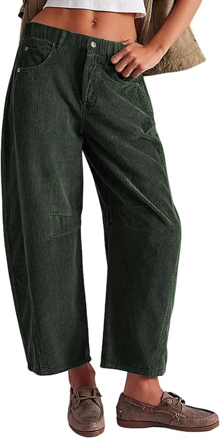 Damen Weite Cordhose mit hoher Taille, Cropped-Bein und Eingriffstaschen Drune