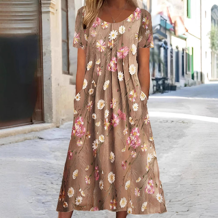 Damen nan Blumenswing-Midikleid mit Rundhalsausschnitt, Eingrifftaschen und strukturierter Crêpe-Qualität Drune