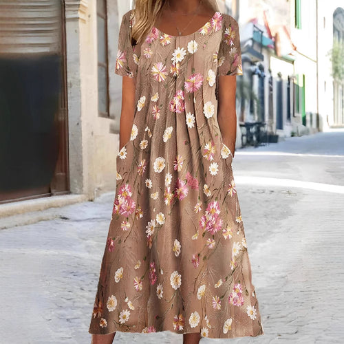 Damen nan Blumenswing-Midikleid mit Rundhalsausschnitt, Eingrifftaschen und strukturierter Crêpe-Qualität Drune