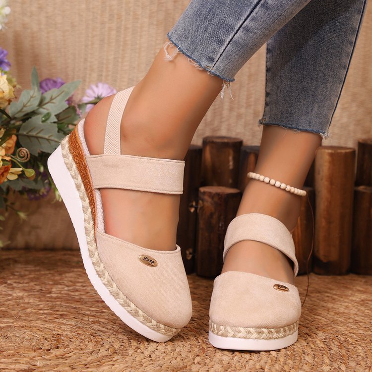 Damen  Espadrille-Keilpantoletten mit elastischem Fersenriemen, Veloursoptik-Obermaterial und geflochtenem Jute-Plateau Drune