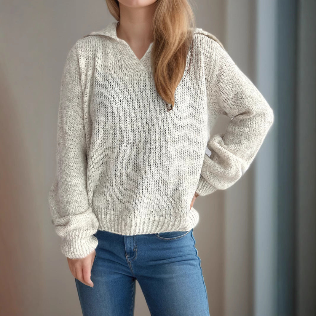 Damen lässiger Strickpullover mit V-Ausschnitt und voluminösen Ärmeln Drune