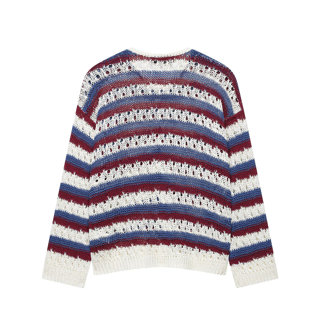 Damen Gehäkelter Cropped-Strickcardigan mit Lochstrick, Kontraststreifen und Perlmuttknöpfen Drune