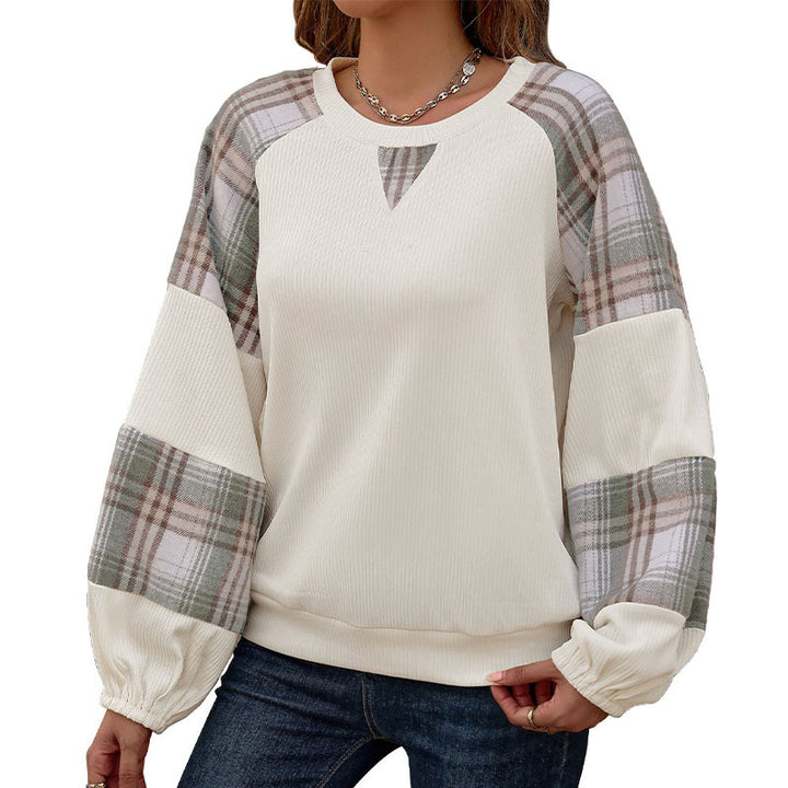 Damen Legeres Raglan-Sweatshirt mit karierten Ballonärmeln, Keyhole-Ausschnitt & gerafften Bündchen Drune