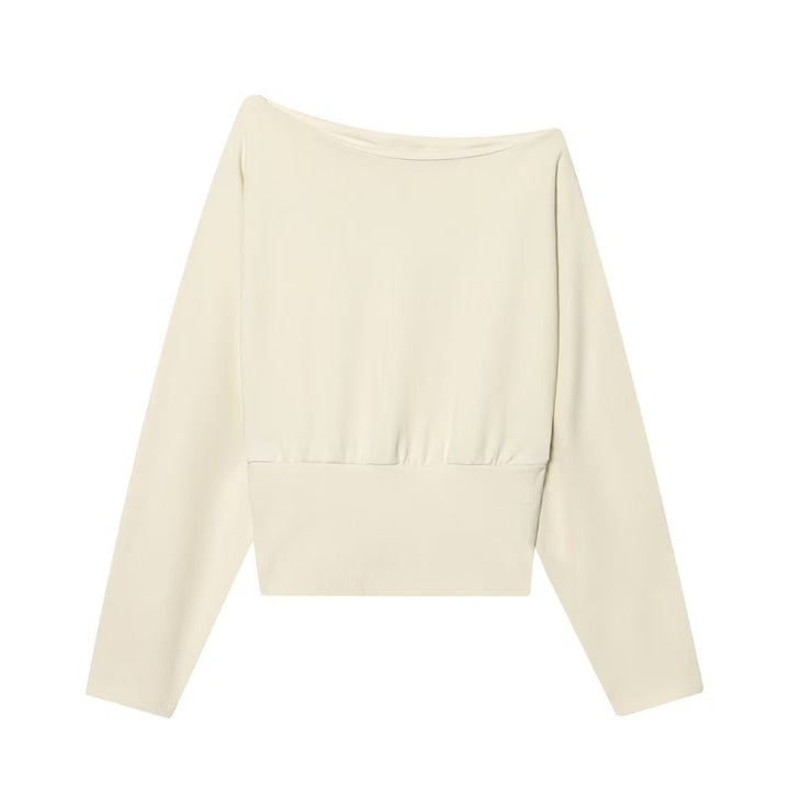 Damen Oversize Off-Shoulder Cropped-Pullover mit Fledermausärmeln und breitem Rippbündchen Drune