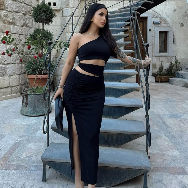 Damen asymmetrisches Maxikleid mit Rüschen und hohem Seitenschlitz Drune