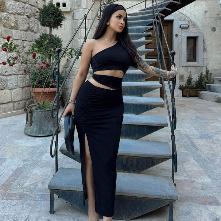Damen asymmetrisches Maxikleid mit Rüschen und hohem Seitenschlitz Drune