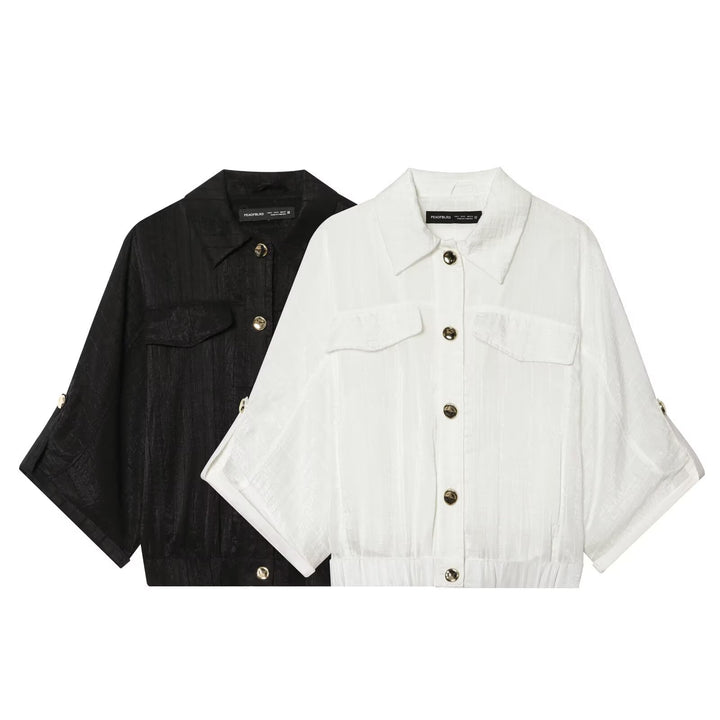 Damen Cropped-Hemdenbluse mit Fledermausärmeln, Brusttaschen und elastischem Taillenbund Drune